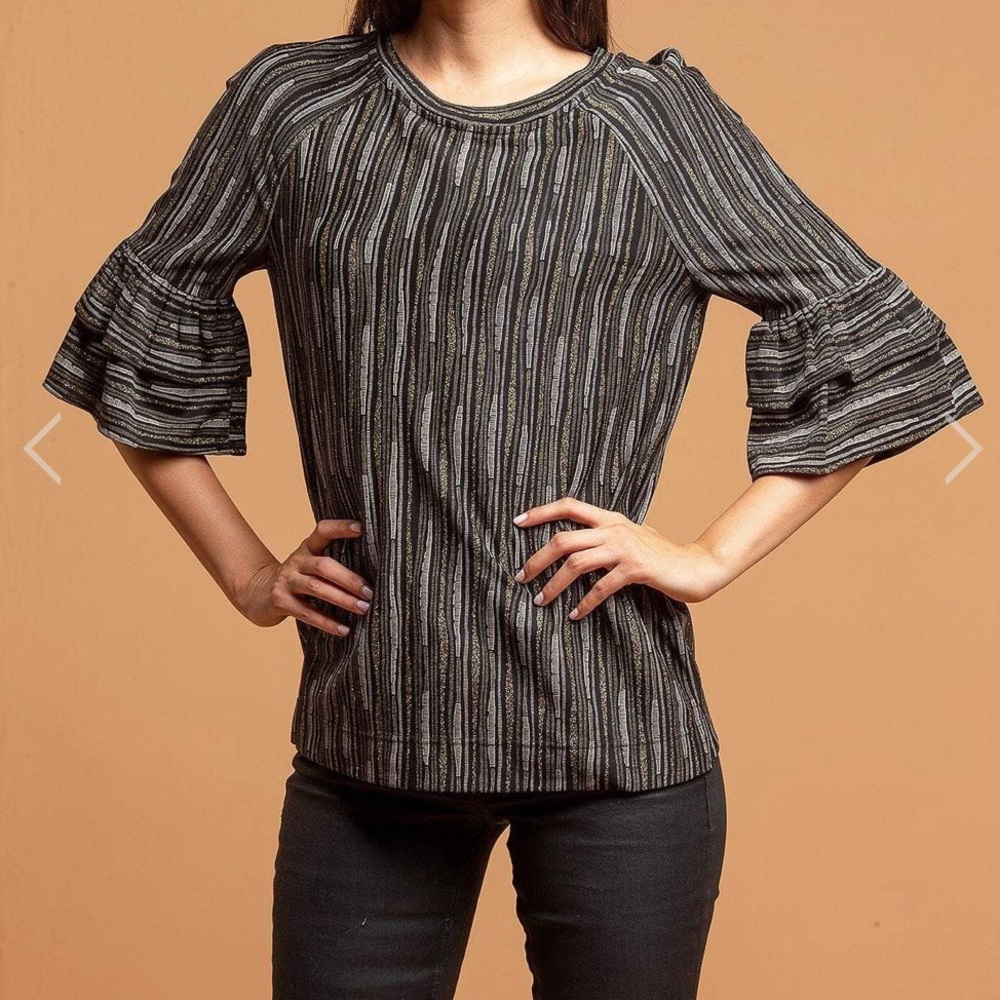 Eva Franco black & metallic top 3/4 ruffle sleeves from Anthropologie